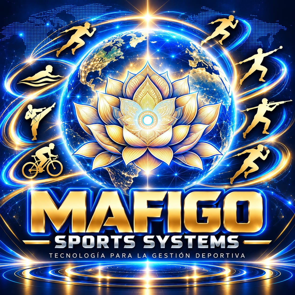 Identidad de MAFIGO: flor de loto dorada sobre un globo azul, rodeada de figuras deportivas